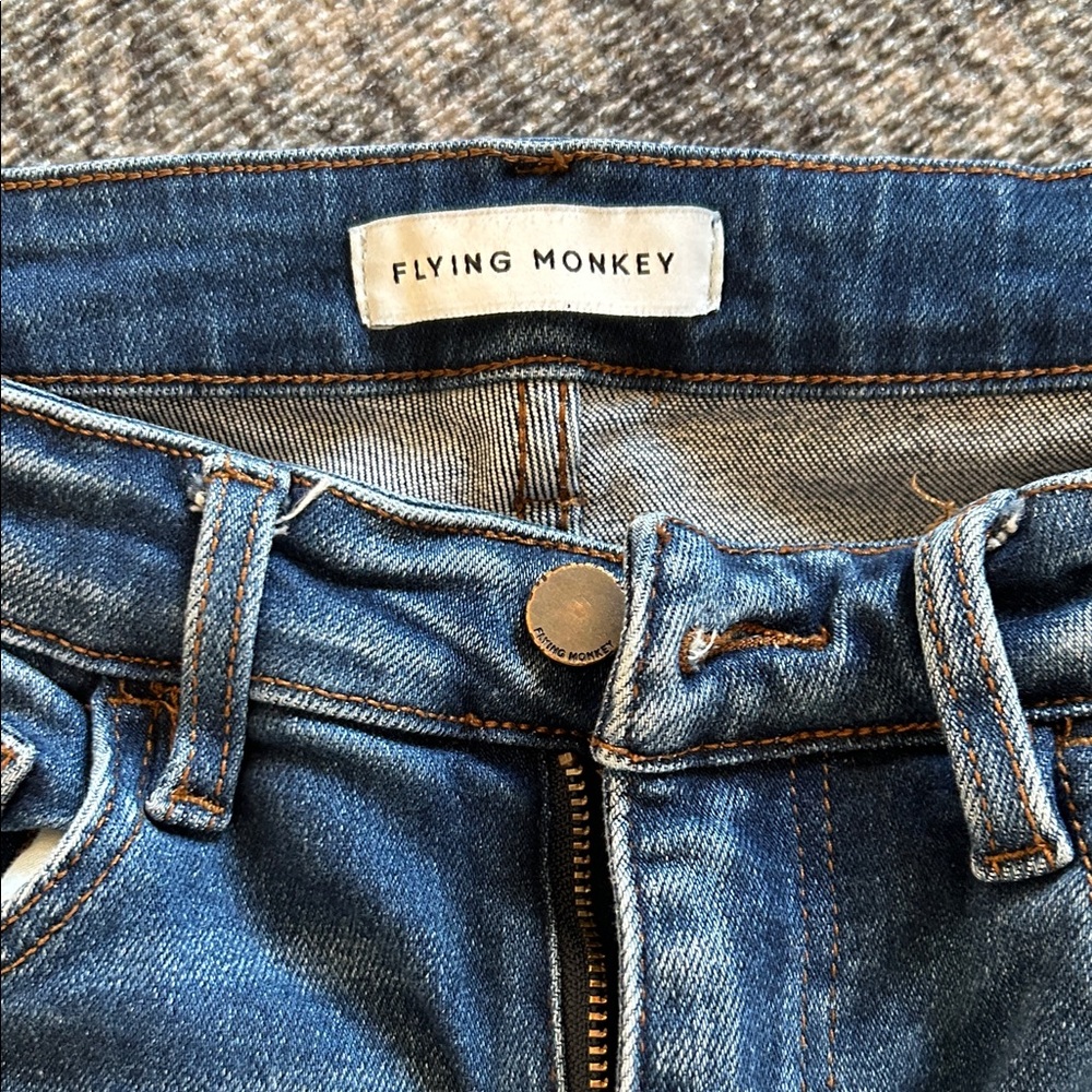 Flying Monkey Dark Blue Distressed Flare Jeans- Sz 27 stretch - Picture 2 of 7